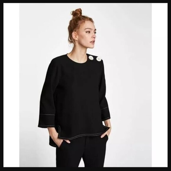 Zara Tops - 3/$60 Zara Pearl Shoulder Buttons Boxy Step Hem Black Blouse SZ XS